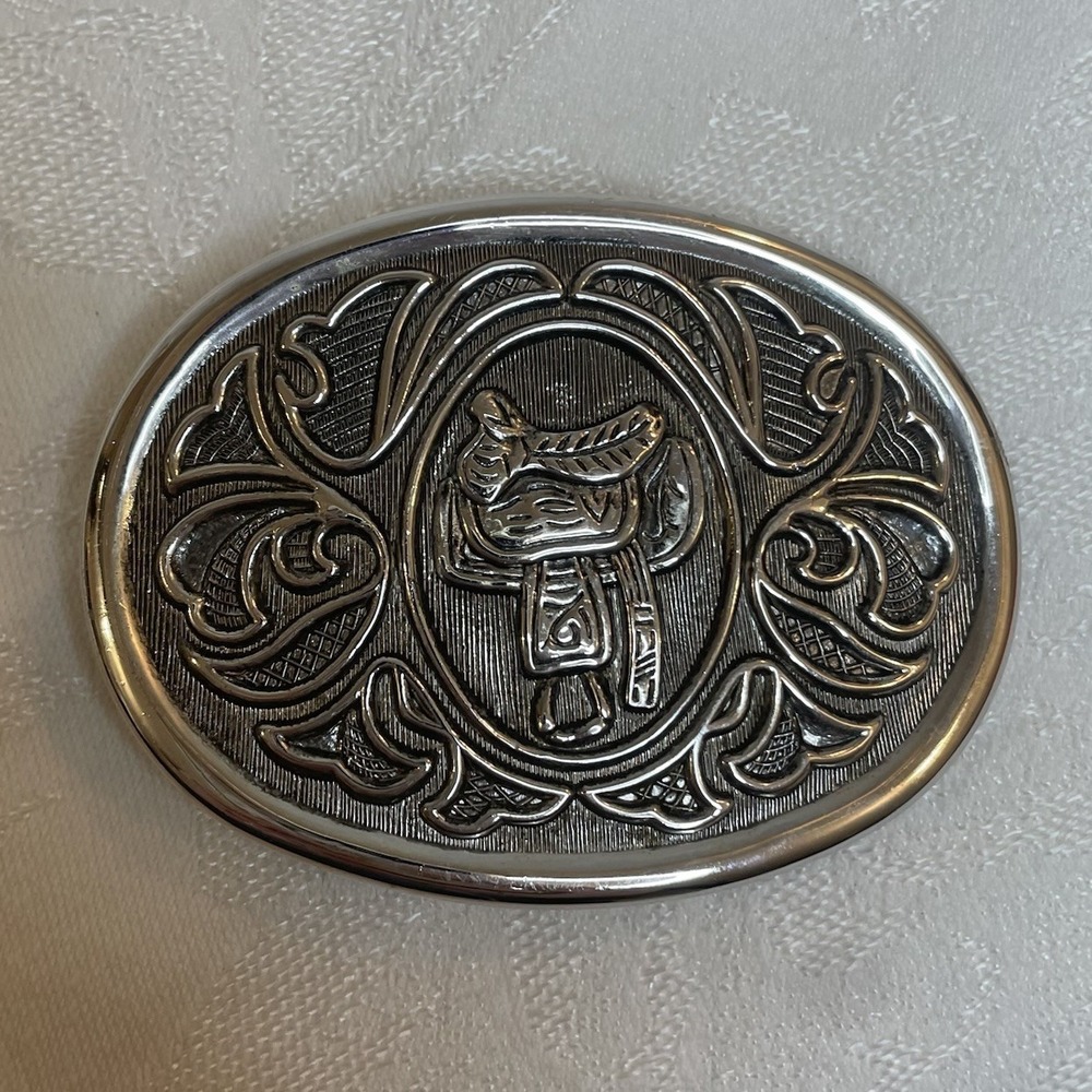 Vintage Cowboy Horse Saddle Ornate Flower Silver Oval Belt Buckle Floral Avon